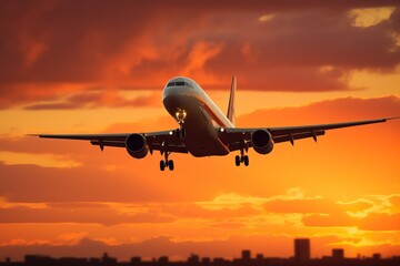 Fototapeta na wymiar Passenger airplane taking off at dusk sky