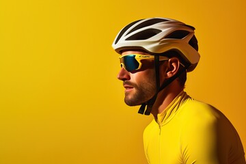 Portrait of Cyclist on yellow background. - obrazy, fototapety, plakaty