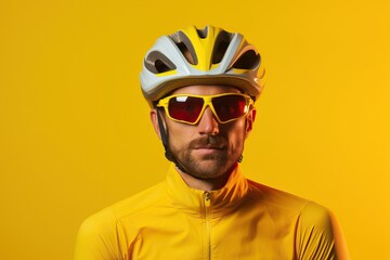 Portrait of Cyclist on yellow background. - obrazy, fototapety, plakaty