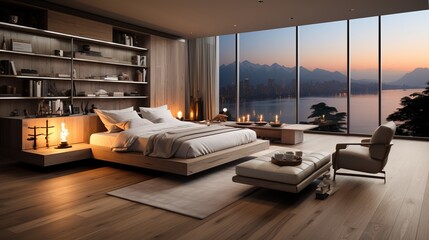  Modern elegant interior luxurious penthouse  bedroom design Furniture, High Ceilings, Decorative Exclusive Luxury Background Premium Brands The hotel has an elegant interior design and a classy