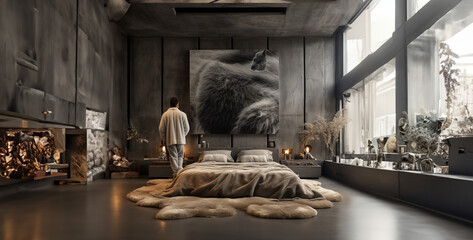 attractive man relaxing on large bed with grey bed room hd wallpaper - obrazy, fototapety, plakaty