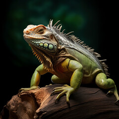 Obraz premium Fotografia de iguana de tonos verdes, sobre tronco de madera