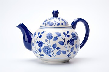 white background isolated blue ceramic teapot