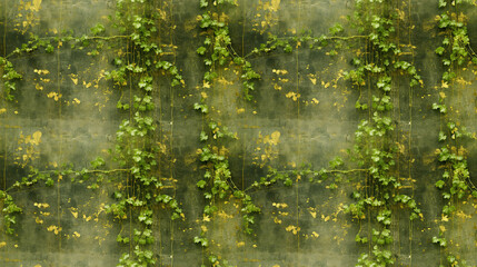 Ivy on grunge wall background wit golden leaves, seamless tile. The image can be repeated on all sides.  - obrazy, fototapety, plakaty