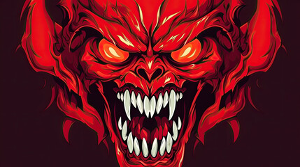 Devil scream character as a red demon or monster screaming with fangs and teeth with in an open mouth as a side view horror face