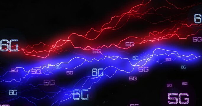 Animation of network of 5g and 6g text over glowing light trails on black background