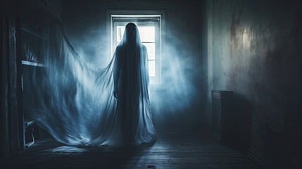 Scary ghost woman in Haunted House,Horror background - obrazy, fototapety, plakaty