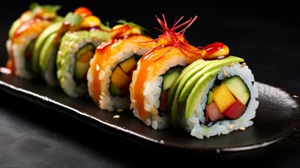 dragon maki roll topped with fresh avocado and served on a black ceramic plate
