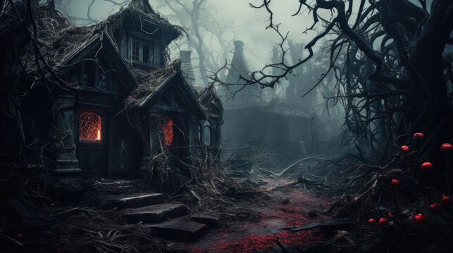 Halloween Image Of A Spooky Old House Covered In Dead Vines