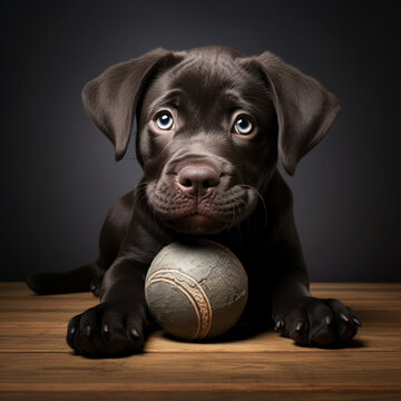 Fotografia de adorable cachorro de perro de pelo oscuro, con pelota de cuero