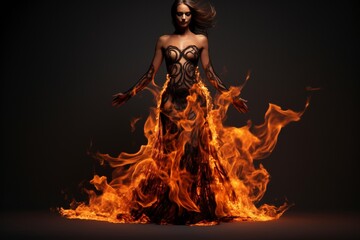 woman wearing dress made out of fire