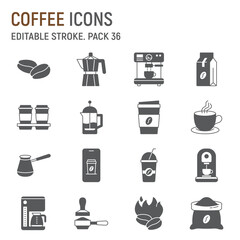 Fototapeta premium Coffee glyph icon set, coffe shop collection, vector graphics, logo illustrations, caffeine vector icons, cafe signs, solid pictograms, editable stroke