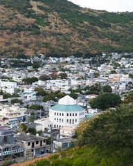 Aerial view, cityscape or skyline of Port Louis with harbor, old town and financial district, Mauritius