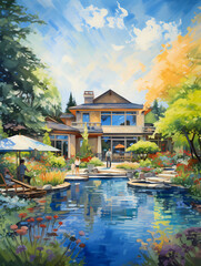 Fototapeta na wymiar Painting Of A House With A Pond And Trees