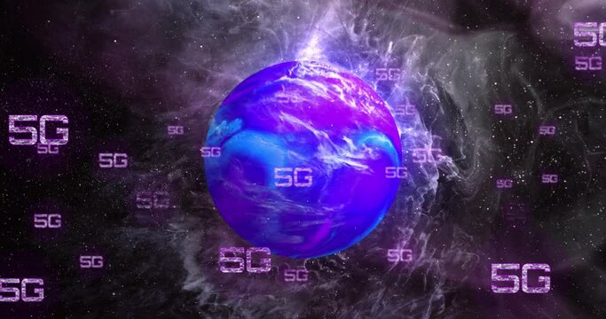 Animation of network of 5g text over globe and light trails