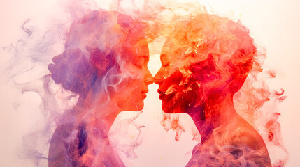 couple in love in an abstract flow of energy from love, double exposure