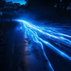 Fotografia de paisaje nocturno con lineas de luz veloces de color azul electrico
