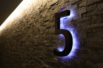 Dark  Neon Font with fluorescent purple tubes  Number 5 on the dark brown brick wall.  Night Show...