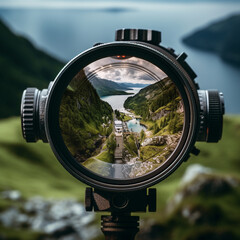 Fotogradfia con detalle de vista a traves de mirilla telescopica y paisaje de fondo