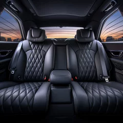 Fotobehang Fotografia de asientos traseros de vehiculo de lujo, con cuero negro, aspecto como y entrada de luz natural © Iridium Creatives
