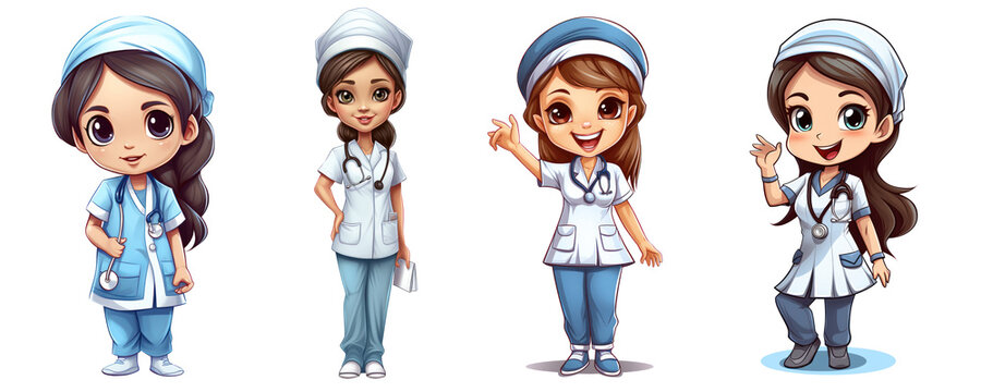 cute cartoon nurse, different versions, isolated or white background