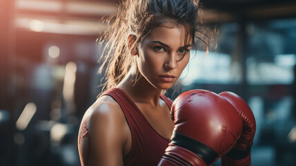 Focused female boxer practicing her skills in a gritty urban environment - Powered by Adobe