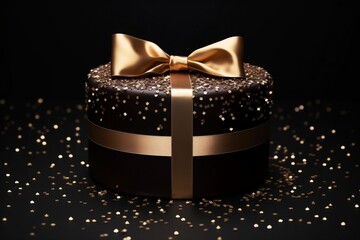 Black cake on a festive background, copy space.