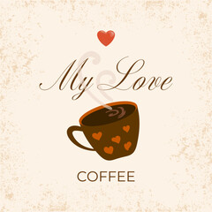 Morning coffee love, with red heart design. International coffee day 1st October poster, greeting card, vector illustration