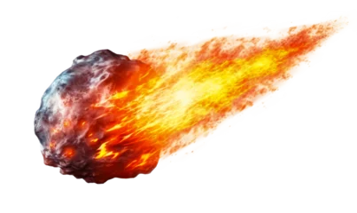 Fotobehang A glowing meteor with a tail of red-hot flames, isolated transparent PNG. Generative AI © Maksim Kostenko