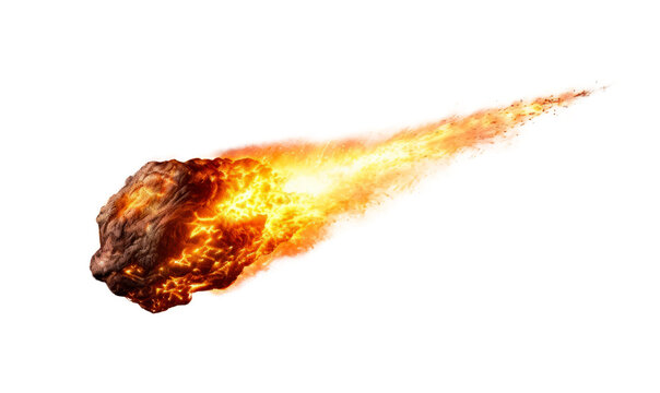 A glowing meteor with a tail of red-hot flames, isolated transparent PNG. Generative AI