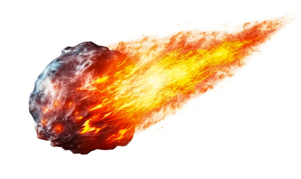 A glowing meteor with a tail of red-hot flames, isolated transparent PNG. Generative AI