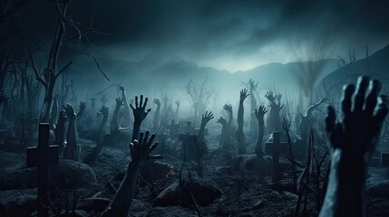 The hands of the zombies emerge from the grave at night, full of spirit signs surrounded by dead trees. Halloween concept.