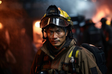 Portrait of asian firefighter against background of burning house