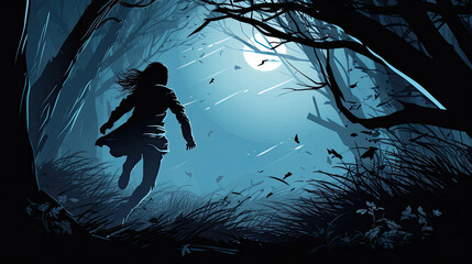 Woman escaping from unrevealed danger through the woods in the night