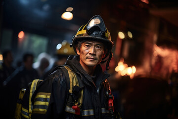 Portrait of asian firefighter against background of burning house