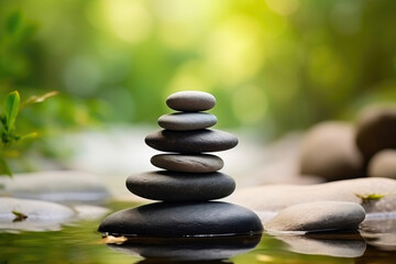 Fototapeta na wymiar Balancing Act: Stacked Zen Pebbles in Nature