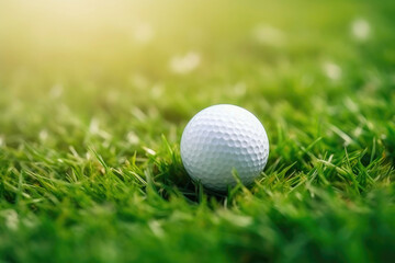 Obraz premium Macro View of Golf Ball Resting on the Grass