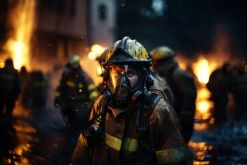 Fototapeta premium Firefighter against background of burning disaster in city district