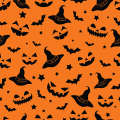 Vector seamless pattern of emotions of pumpkins, witch hats, bats and stars silhouette texture on a black background, repeatable wallpaper on orange color background Scary repeatable halloween texture