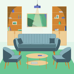 Mid century style living room interior design in violet and green with blue sofa and armchairs, bookcases, ceiling light, wall art, coffe table, shelf decor stuffs. Flat illustration for your projects