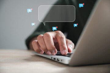 Businessman harnesses potential of laptop, weaving social media and online marketing strategies. synergy of modern business in digital era. social media interactions with notification icons