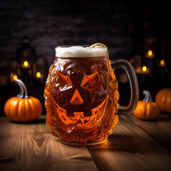 Fondo con detalle y textura de jarra de cerveza de cristal con forma de calavera de Halloween