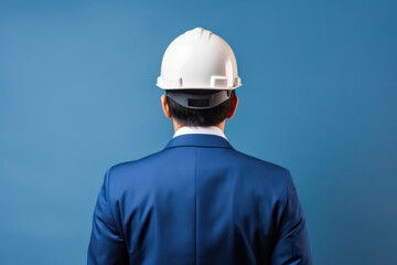 Construction Worker in Blue Suit and Helmet from Behind