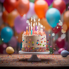 Fotografia con detalle de pastel de cumpleaños, con varias velas y globos de colores de fondo - obrazy, fototapety, plakaty