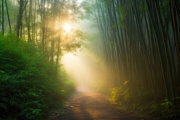 Fototapeta na wymiar Enchanted Bamboo Forest Trail at Sunrise