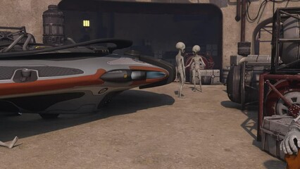 Aliens are repairing a space shuttle or spaceship on a planet similar to Mars. The astronaut, the owner of the ship, sits and nervously awaits the completion of repairs. Sci-fi scene from the future.