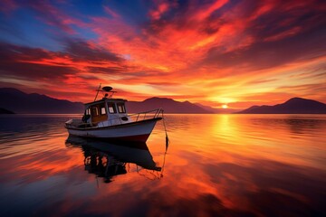 Stunning sunset scenery featuring a blazing boat. Generative AI