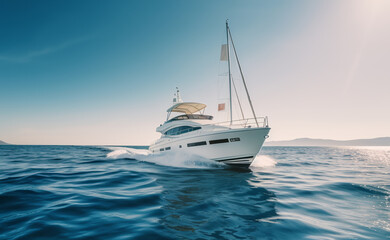 Obraz premium Beautiful snow -white sailboat in blue ocean. Panoramic image.