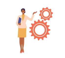 Woman business trainer in formal wear standing by cogwheels sharing effective idea to achieve goal