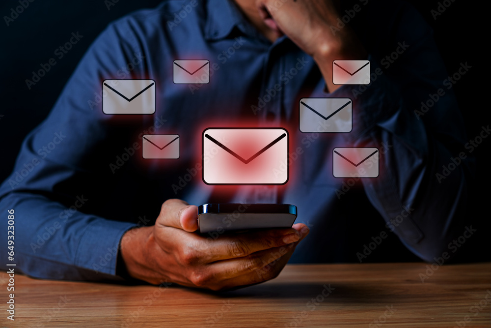 Poster alert email inbox for notification on internet letter security, caution against spam, viruses, junk 